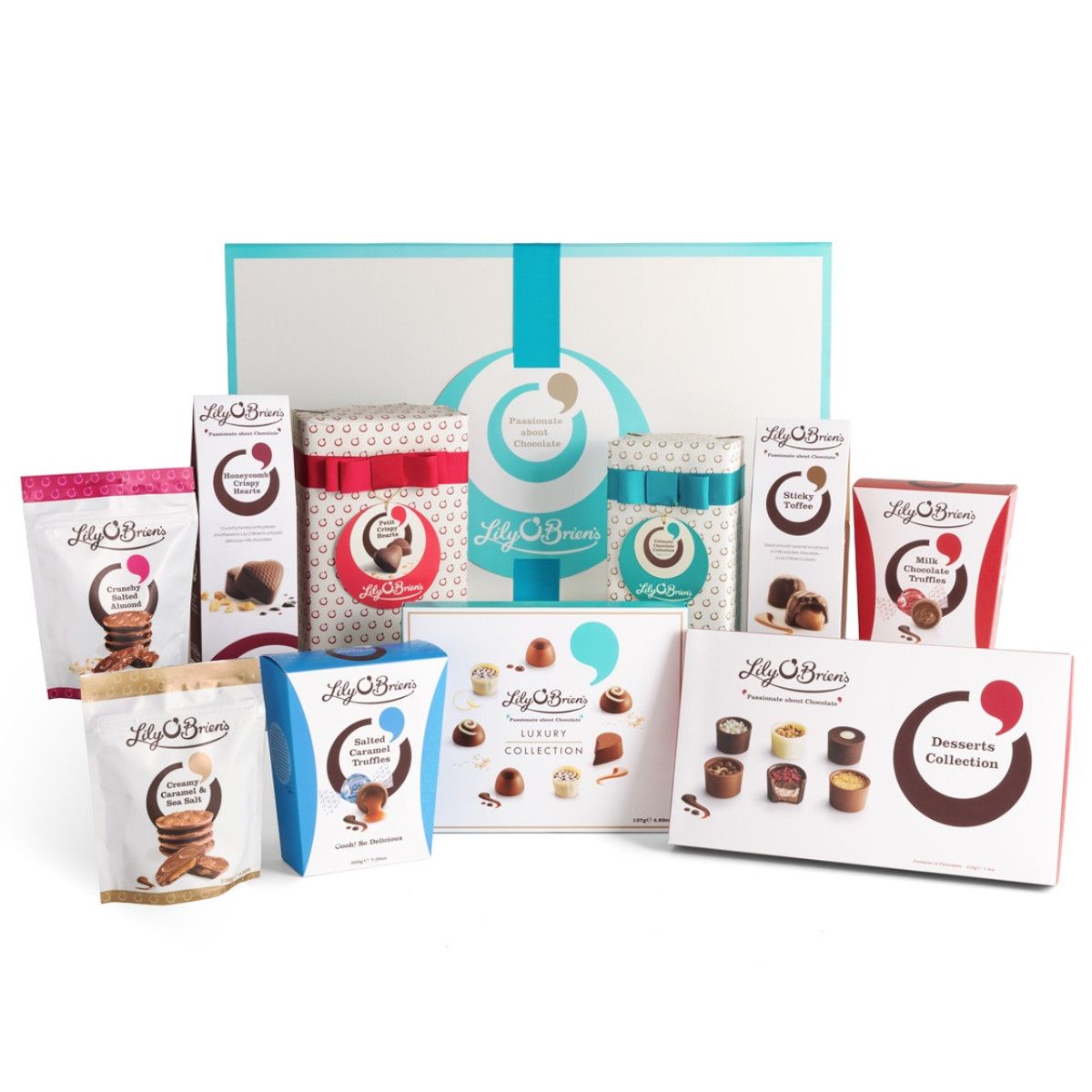 Lily O'Brien's Indulgence Hamper Gift Box displaying all contents of the hamper. 