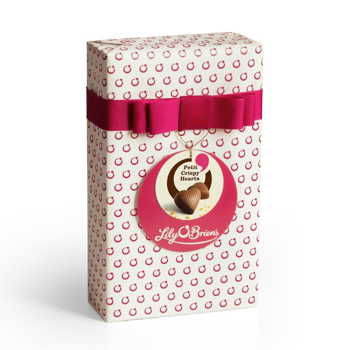 Milk Chocolate Hearts by Lily O'Brien's Irish Chocolatier. Honeycomb Crispy Hearts, 24 chocolates 220g wrapped in stylish cream and pink gift wrap and finished with the beautiful pink bow.